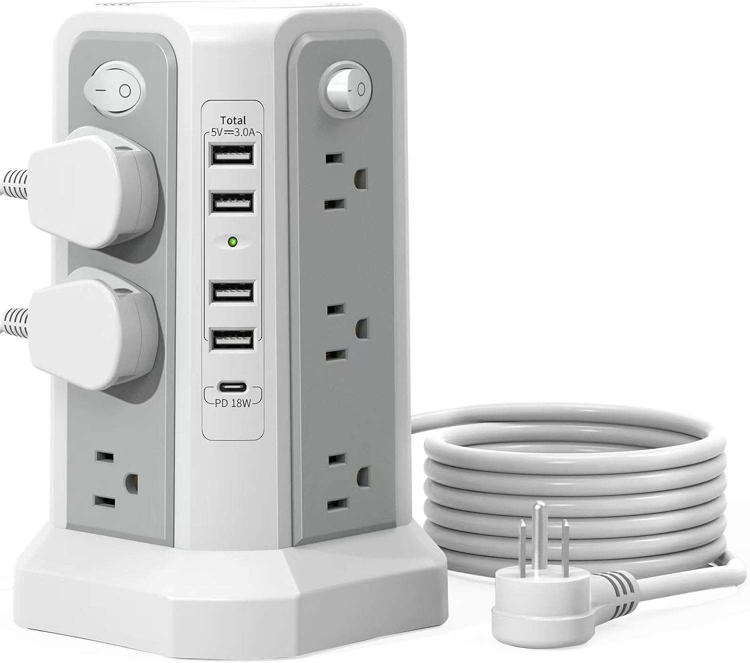 Surge Protector Tower Power Strip with 12 AC Outlets, 4 USB-A, 1 USB-C PD 18W Port, 4 Independent Switches for Home and Office