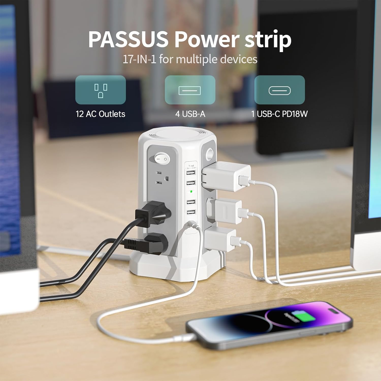 Surge Protector Tower Power Strip with 12 AC Outlets, 4 USB-A, 1 USB-C PD 18W Port, 4 Independent Switches for Home and Office