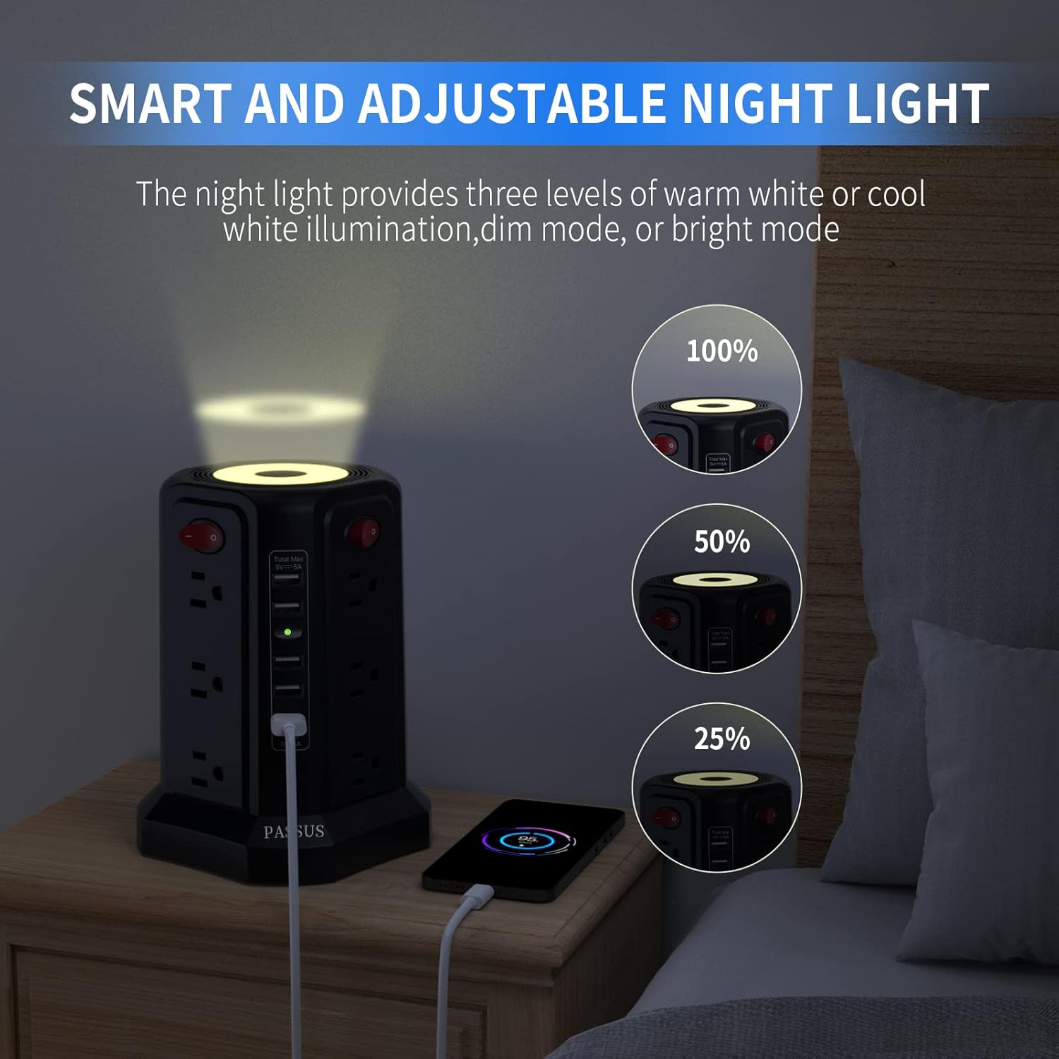 Tower Power Strip with Surge Protection, 12 AC Outlets, 5 USB Ports, Night Light, 10FT Extension Cord, 4 Independent Switches, Overload Protection