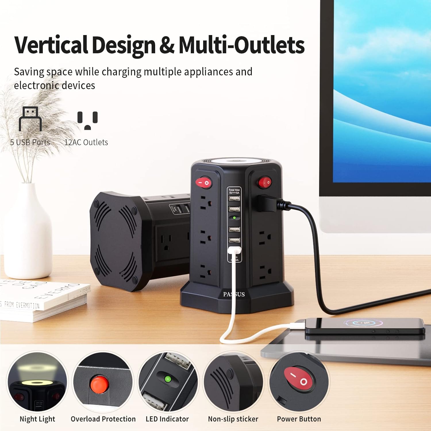 Tower Power Strip with Surge Protection, 12 AC Outlets, 5 USB Ports, Night Light, 10FT Extension Cord, 4 Independent Switches, Overload Protection