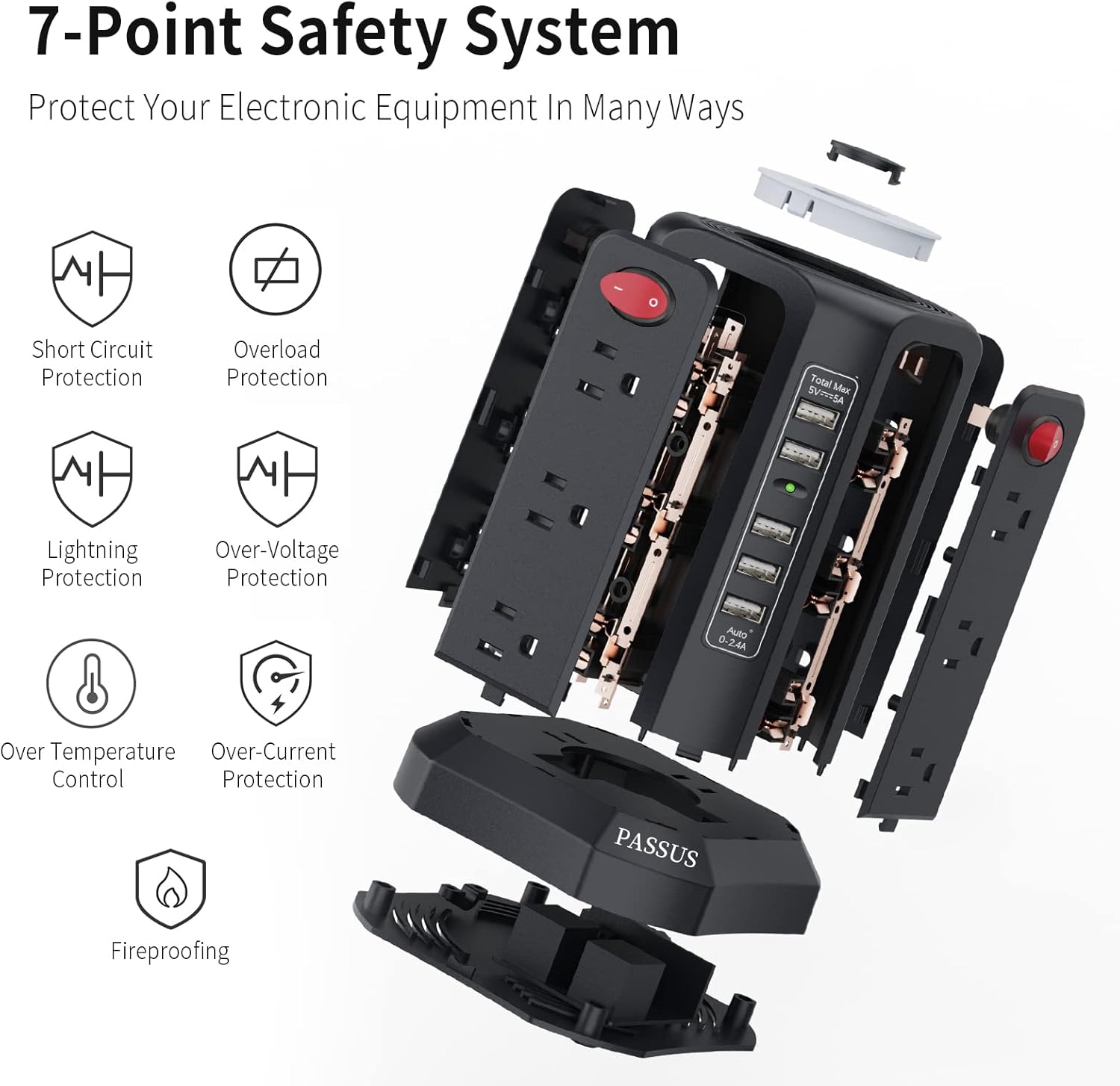 Tower Power Strip with Surge Protection, 12 AC Outlets, 5 USB Ports, Night Light, 10FT Extension Cord, 4 Independent Switches, Overload Protection