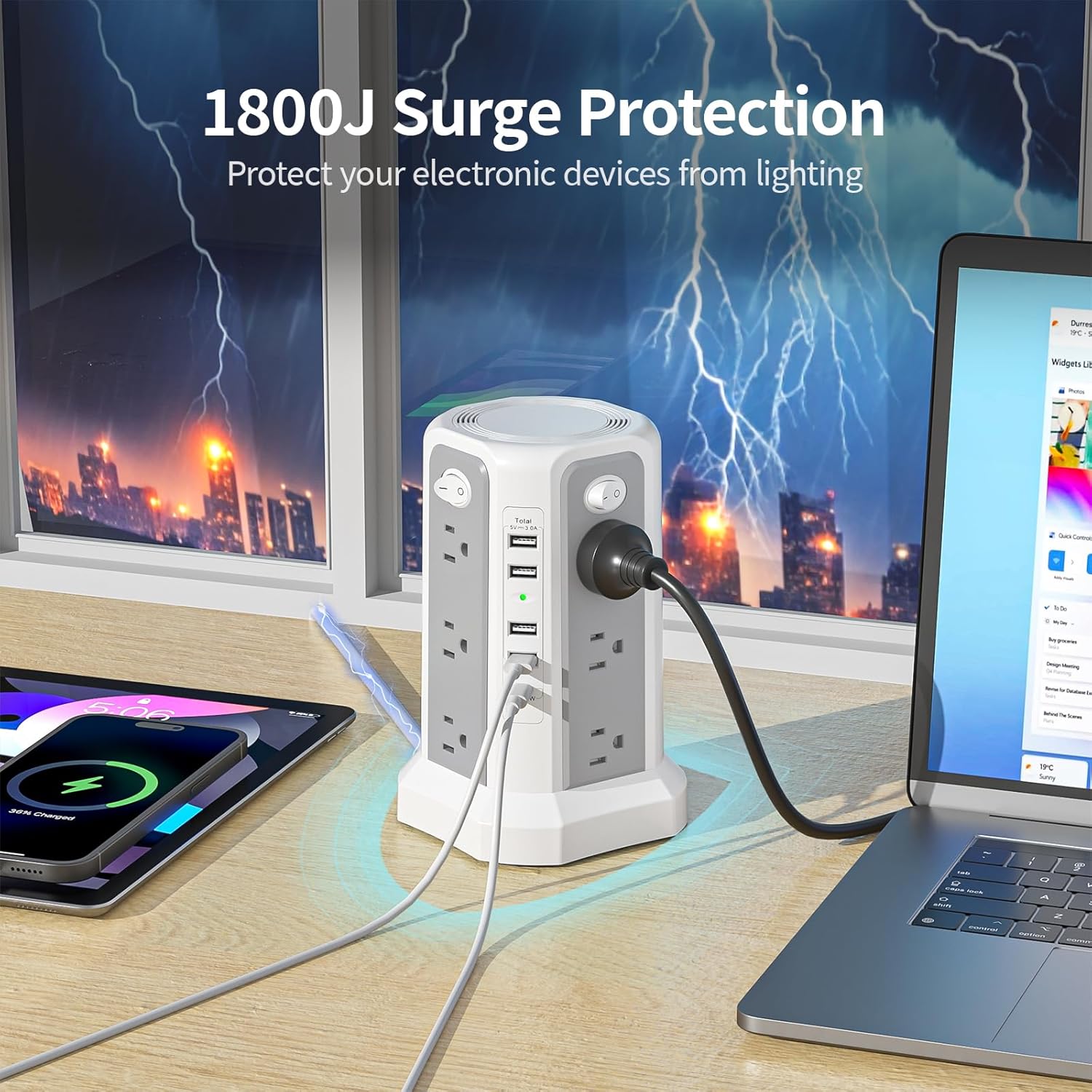 Surge Protector Tower Power Strip with 12 AC Outlets, 4 USB-A, 1 USB-C PD 18W Port, 4 Independent Switches for Home and Office
