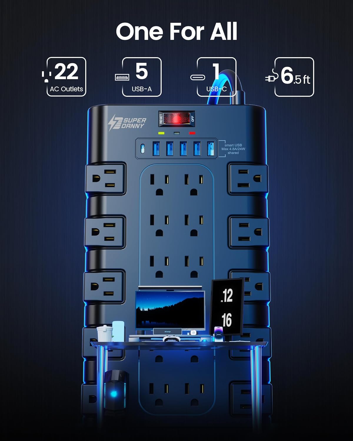 28-in-1 Power Strip Surge Protector with 22 Outlets and 6 USB Ports, 2100J Protection, Mountable Flat Plug Extension Cord