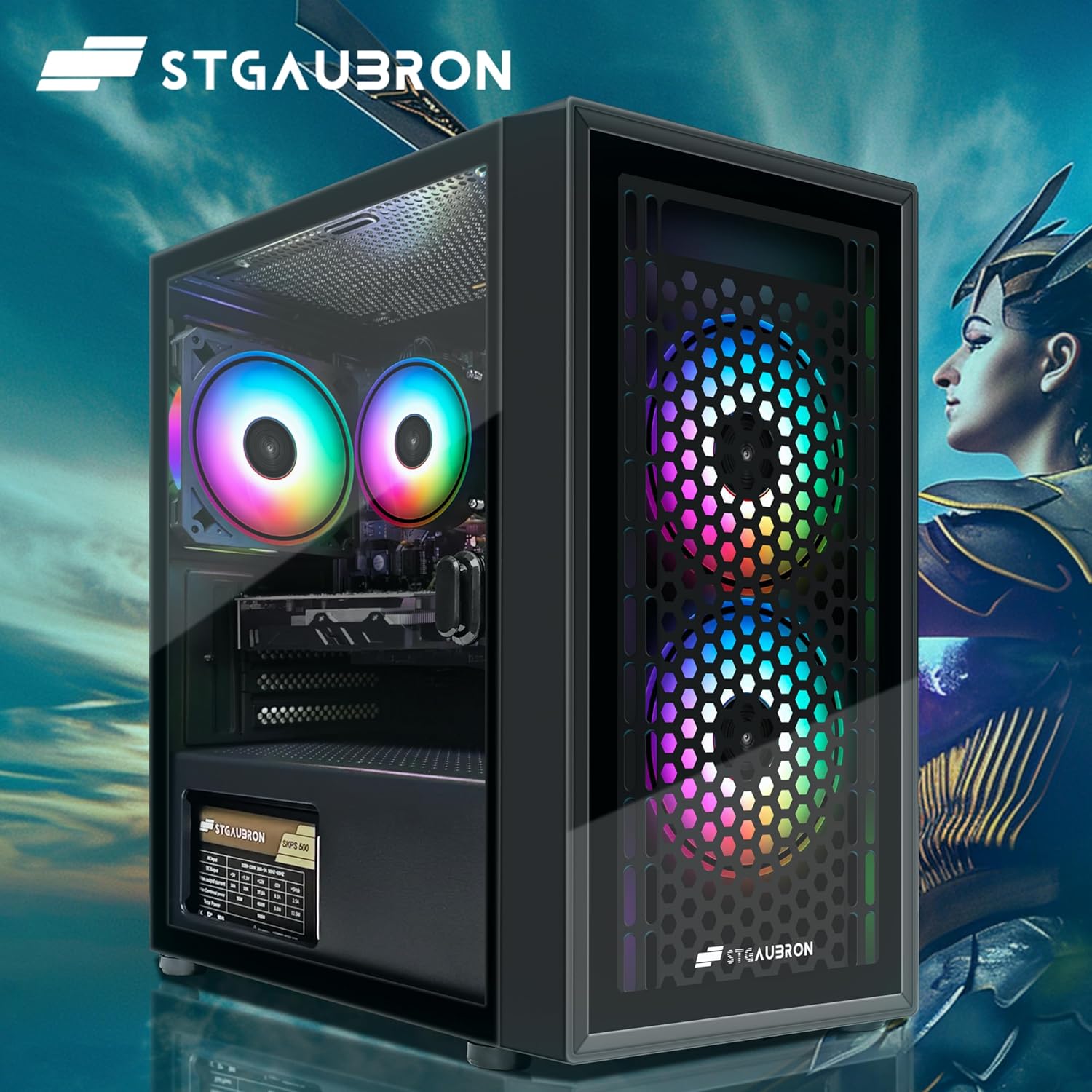 STGAubron Gaming Desktop PC, Intel Core i5 3.2G up to 3.6G, Radeon RX 560 4G GDDR5, 16G RAM, 512G SSD, 600M WiFi, BT 5.0, RGB Fan x 3, RGB Keyboard & Mouse & Mouse Pad, W10H64