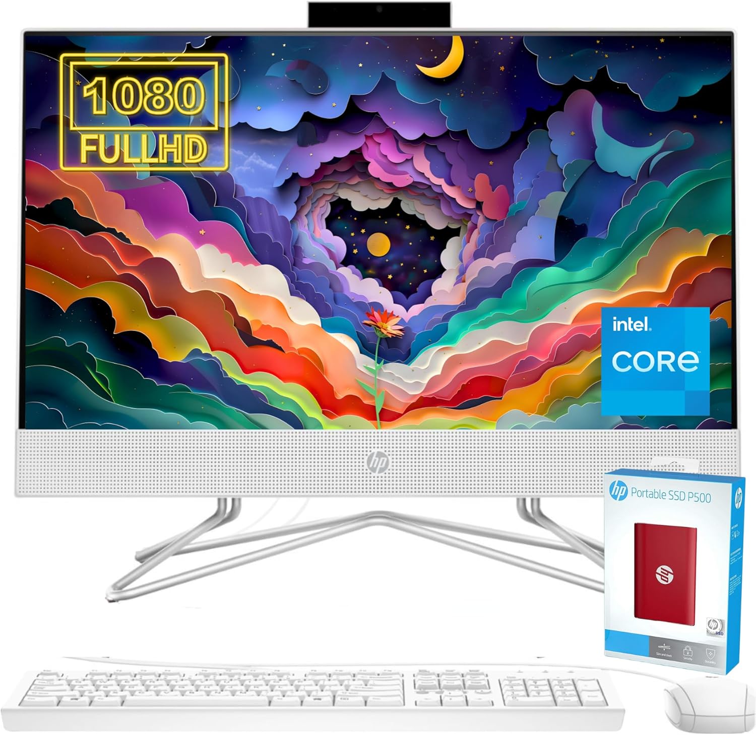 HP Newest All-in-One Desktop, 21.5″ FHD Display, 32GB RAM, 1TB Storage (512GB SSD with P500 500GB External SSD), Intel Dual-Core Processor, Webcam, HDMI, Bluetooth, Mouse and Keyboard, Windows 11