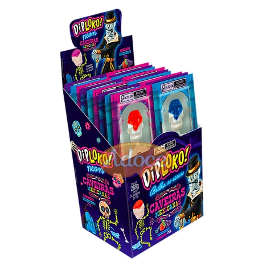 PIRULITO NEON CAVEIRAS DIP LOKO C/24