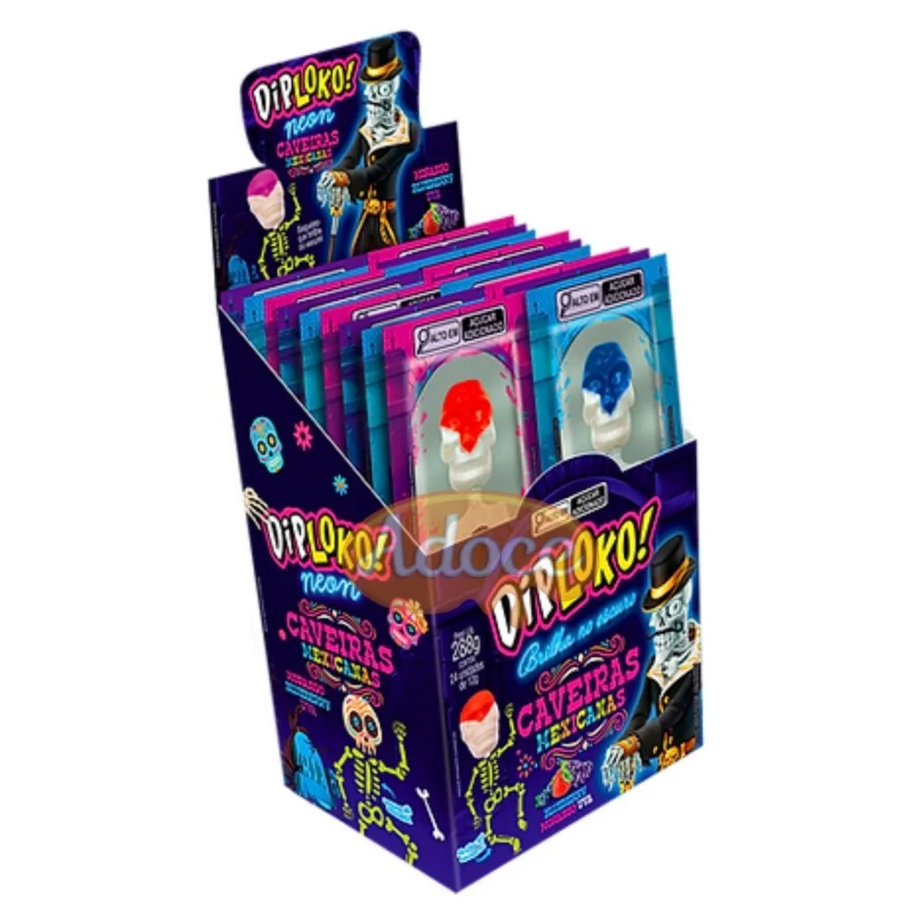 PIRULITO NEON CAVEIRAS DIP LOKO C/24