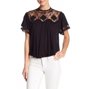 Free People Womens Cape May OB797547 Tee Rib Knit Lace Black Size XS Free People Womens Cape May OB797547 Tee Rib Knit Lace Black Size XS