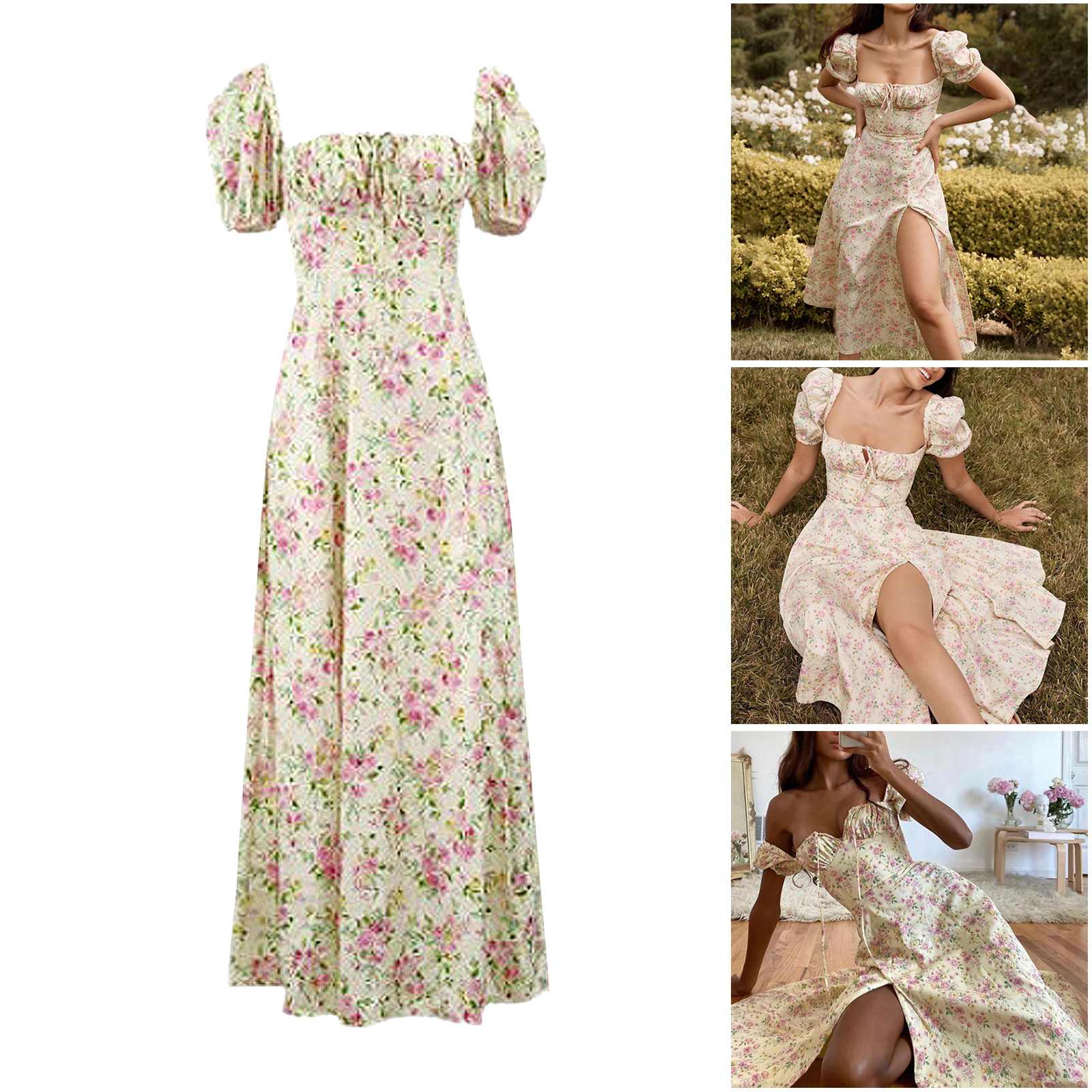 Femmes Floral Robe Longue Manches Bouffantes Courtes Fille Vêtements pour Femmes Floral Robe Longue Manches Bouffantes Courtes Fille Vêtements pour