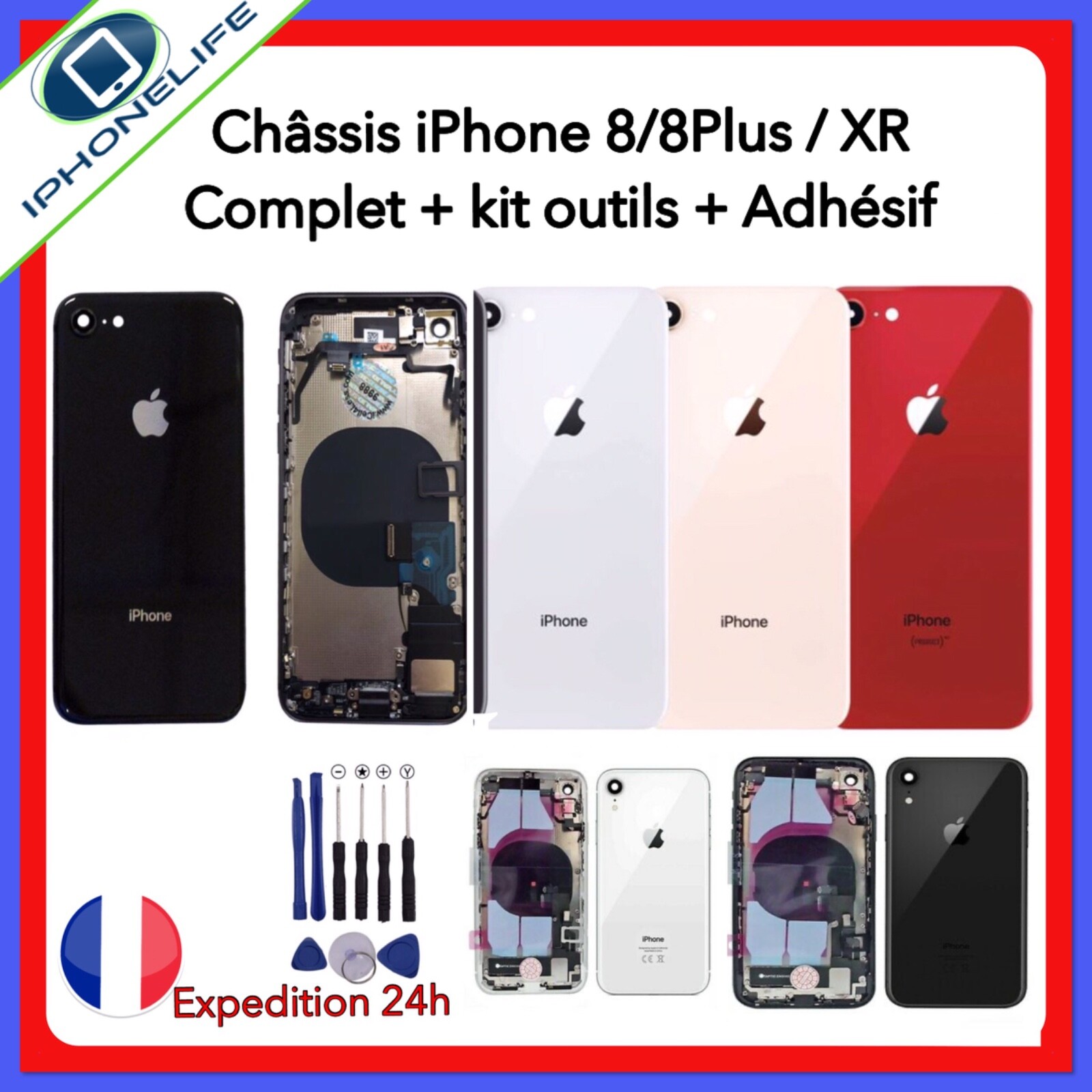 CHÂSSIS ARRIÈRE ASSEMBLÉ COQUE COMPLET IPHONE 8/8 PLUS XR ROUGE/NOIR/BLANC/OR