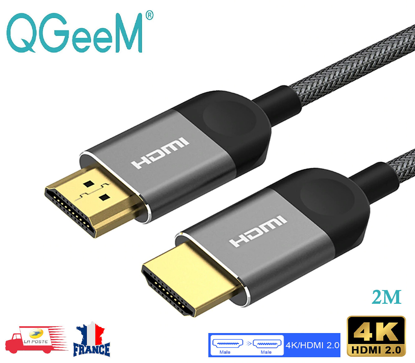 HDMI Câble 4K V2.0 Haute Vitesse avec Ethernet Ultra HD TV 2M QGEEM