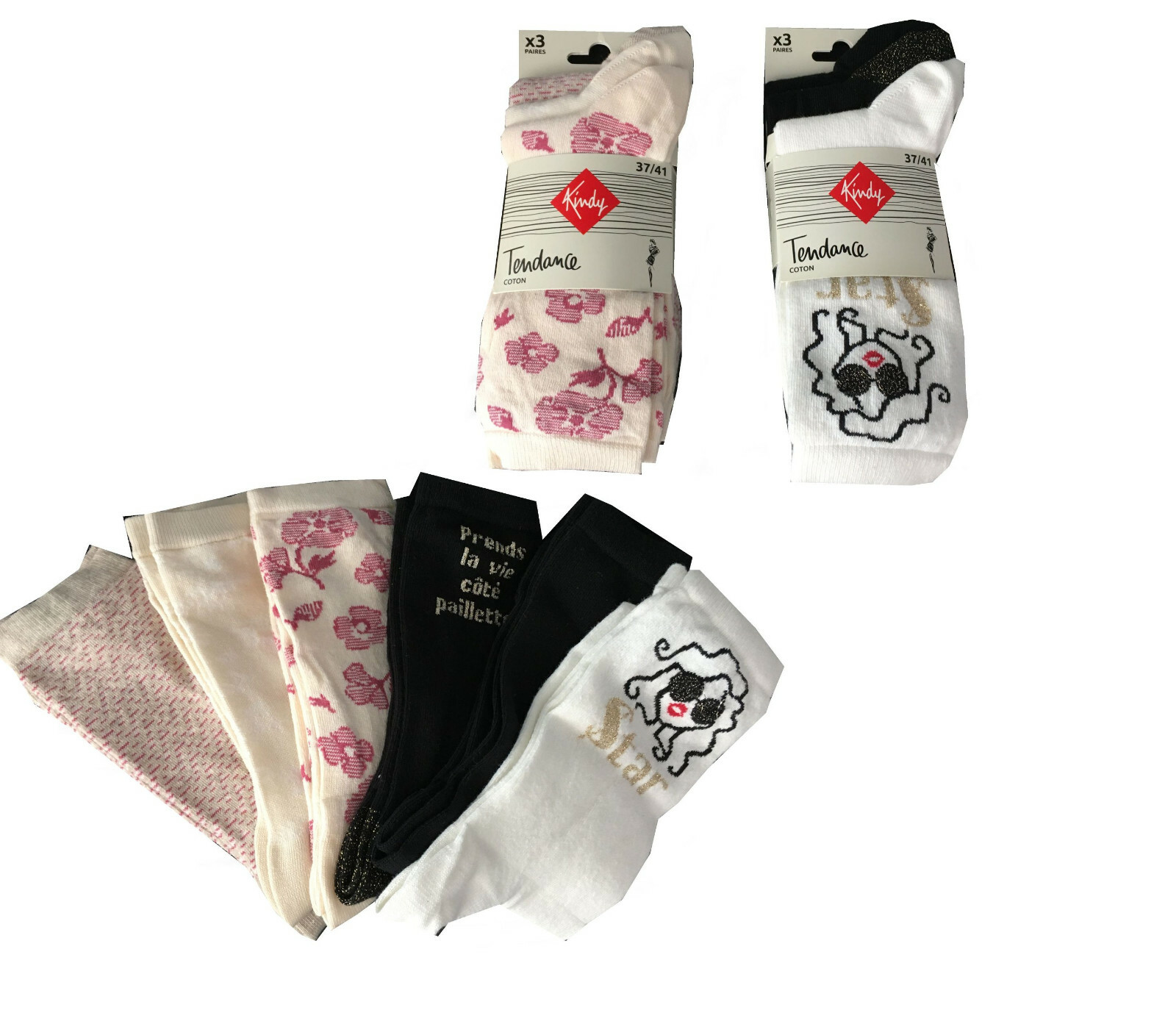 6 PAIRES DE CHAUSSETTES – KINDY – Femme – 37/41 Coton