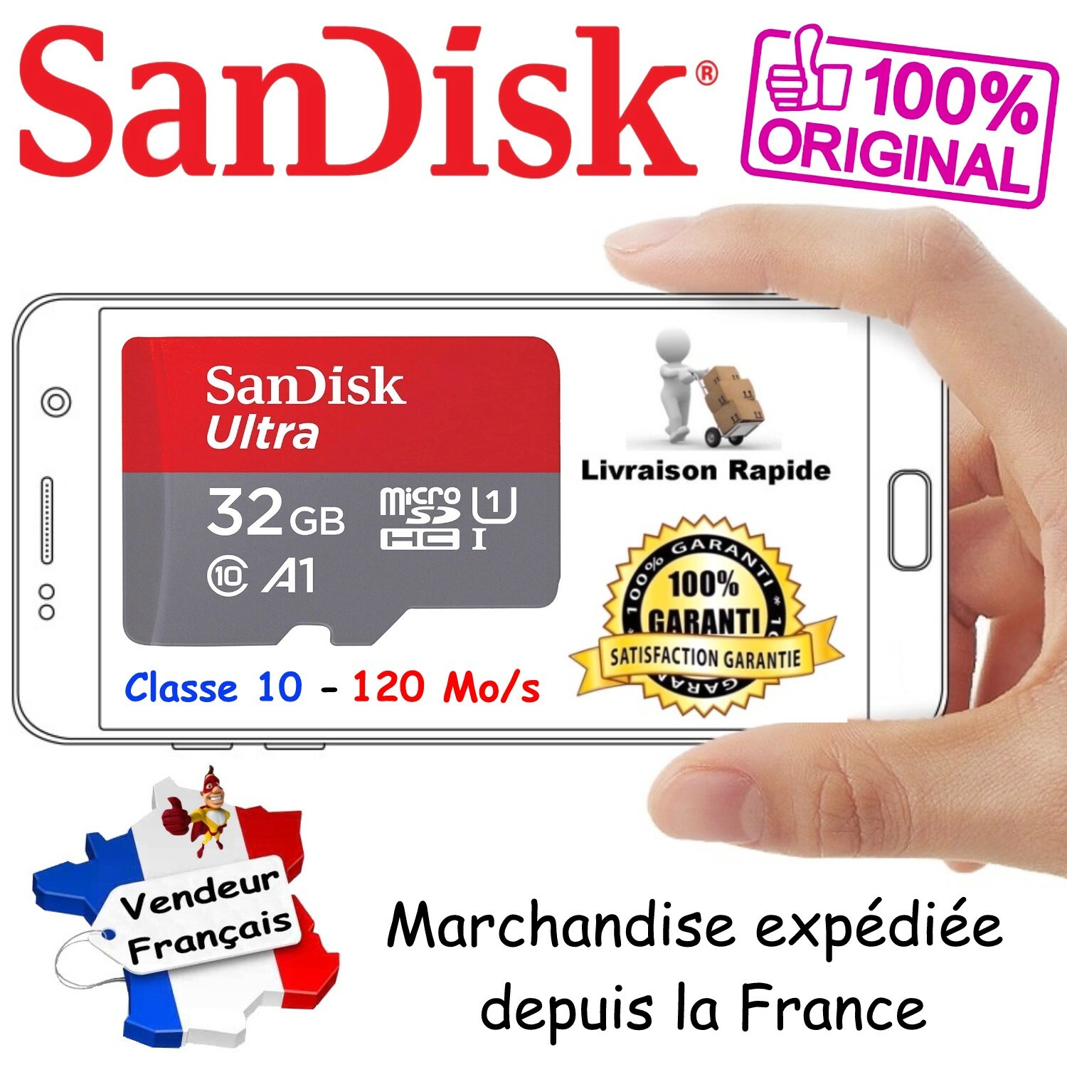 SANDISK Carte Mémoire Micro SD SDHC 32 Go ULTRA 120 Mo/s UHS-I A1 U1 Classe 10