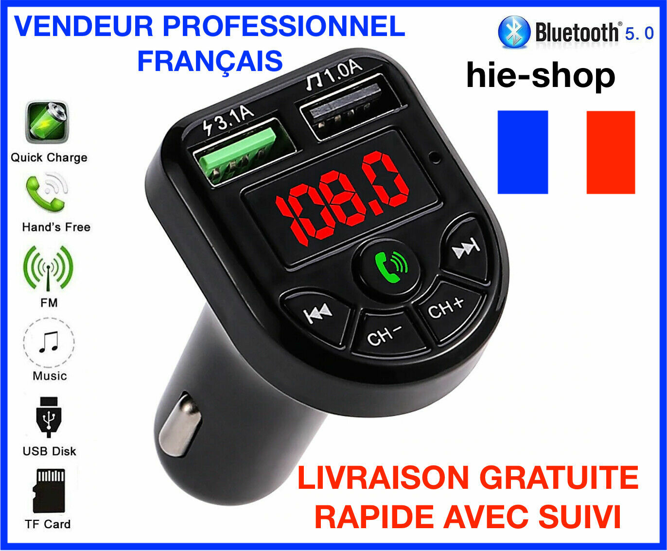 Transmetteur FM Bluetooth 5.0 Adaptateur MP3 Kit voiture Chargeur USB 3.1A TF/U Transmetteur FM Bluetooth 5.0 Adaptateur MP3 Kit voiture Chargeur USB 3.1A TF/U