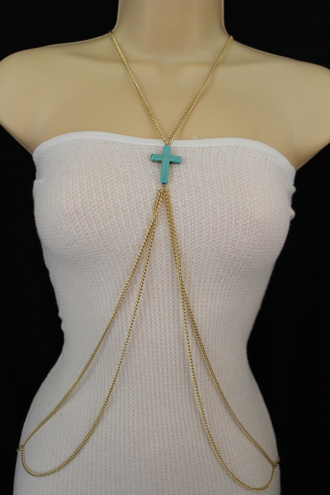 Femme Or Métal Décontracté Corps Complet Chaîne Long Collier Mode Bijoux Bleu