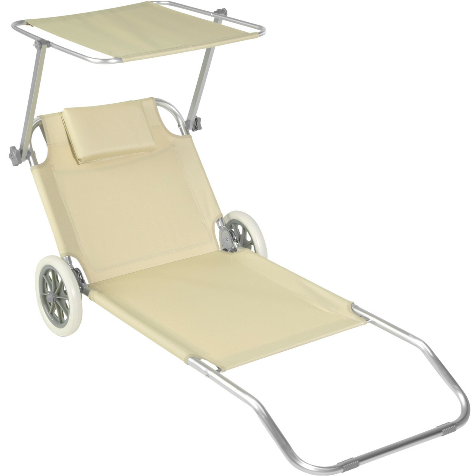 Chaise longue de plage jardin pliante transat bain soleil toit aluminium beige
