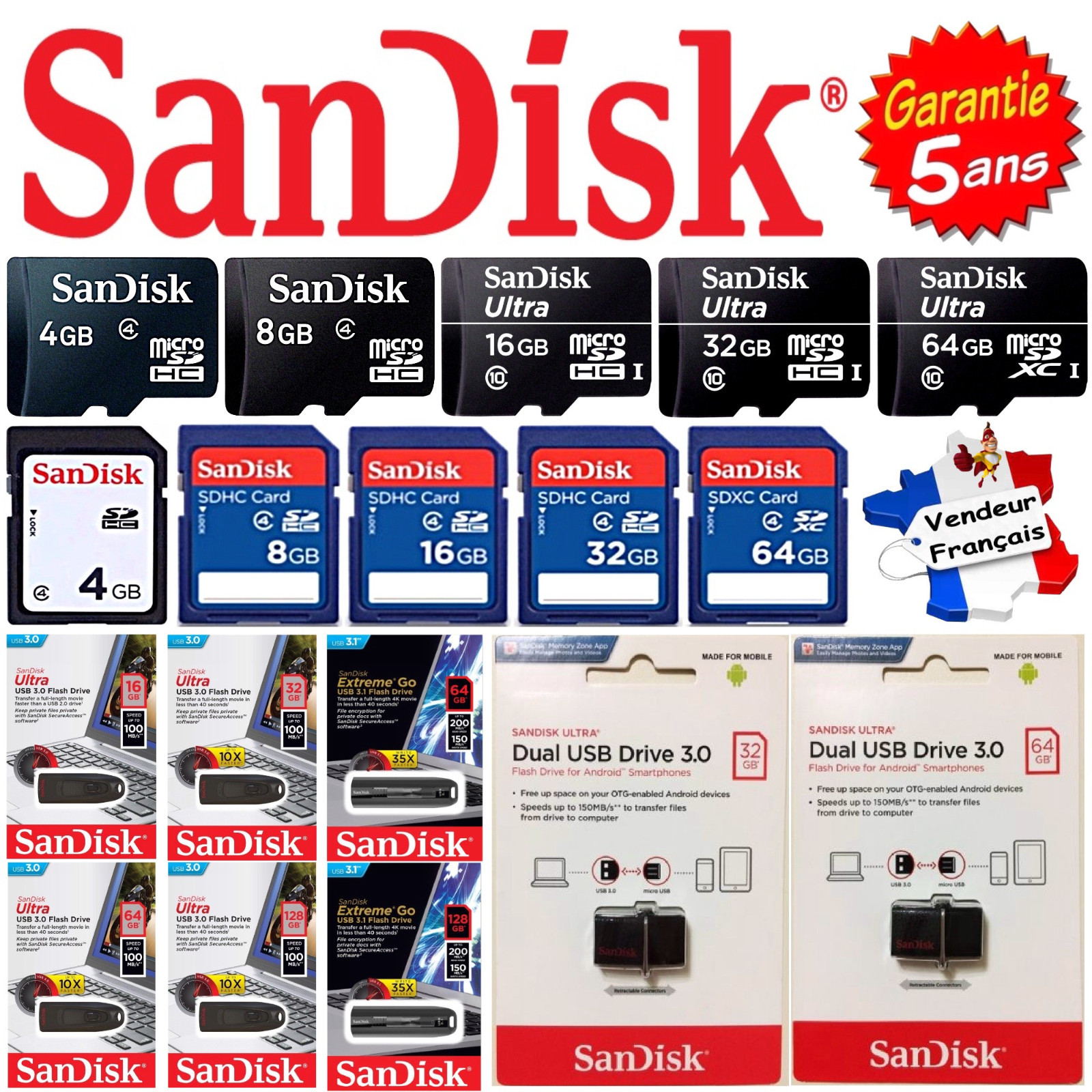 Carte Mémoire ou Clé USB SANDISK : SD / Micro SD 4 8 16 32 64 128 256 Go Gb Giga Carte Mémoire ou Clé USB SANDISK : SD / Micro SD 4 8 16 32 64 128 256 Go Gb Giga
