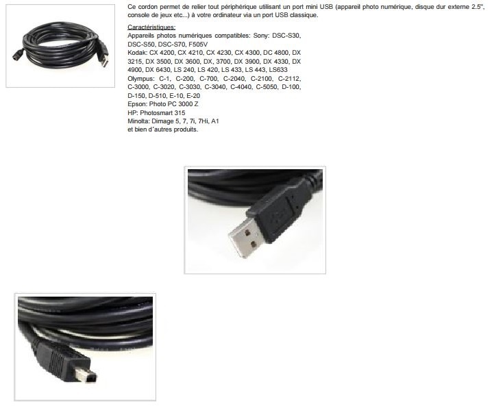 Câble USB pour APN Type A – Miniatur B 4 – 5.0 Metres appareil photo Sony kodak