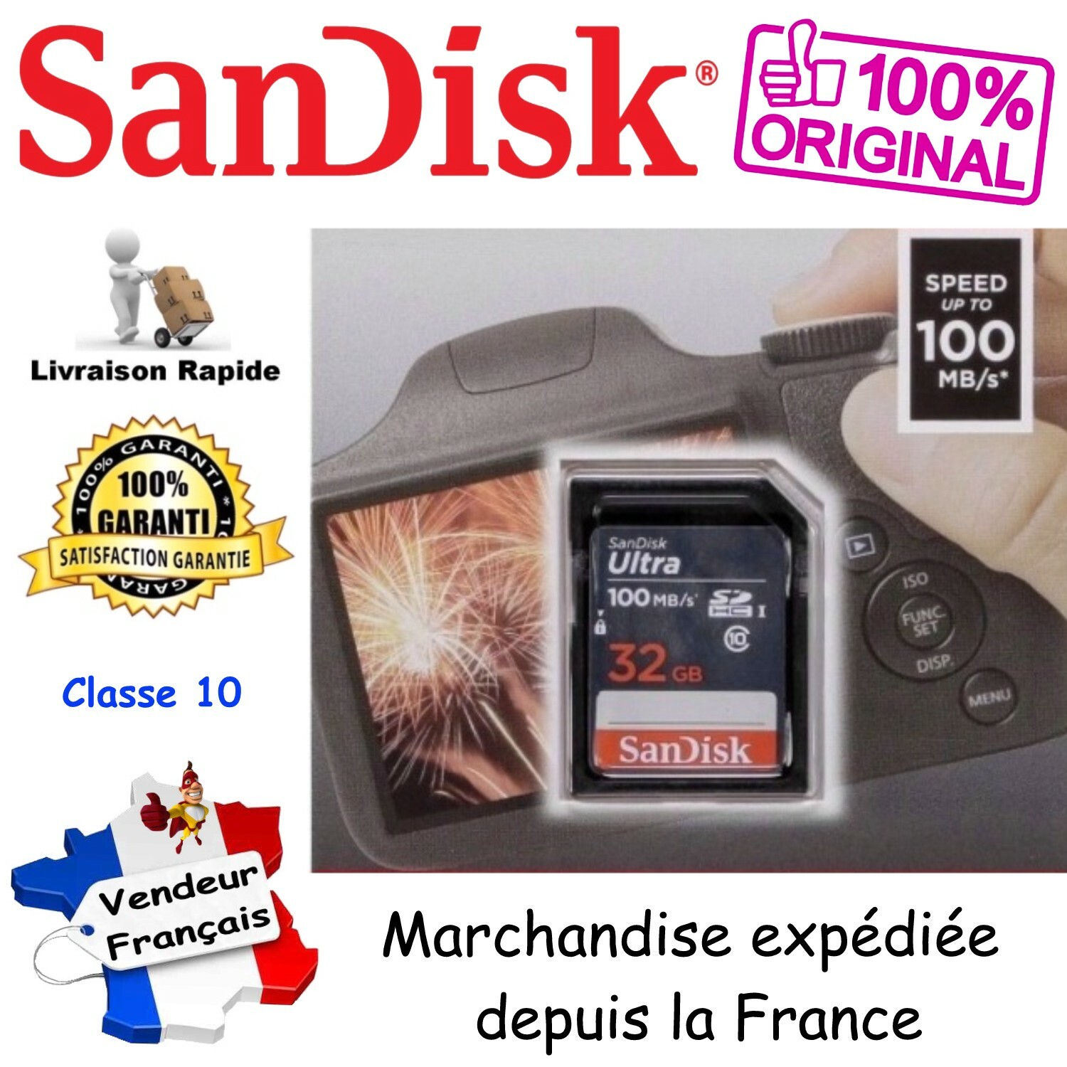 SANDISK Carte Mémoire SD SDHC 32 Go – Gamme Ultra Lite 100 Mo/s UHS-I Classe 10 SANDISK Carte Mémoire SD SDHC 32 Go – Gamme Ultra Lite 100 Mo/s UHS-I Classe 10