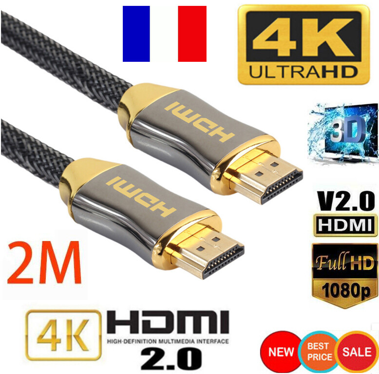 Câble HDMI HD 2.0 Haute Vitesse 4K 2160p 3D 2m/3m/4m/5m/7m/10m Doré Full ultra