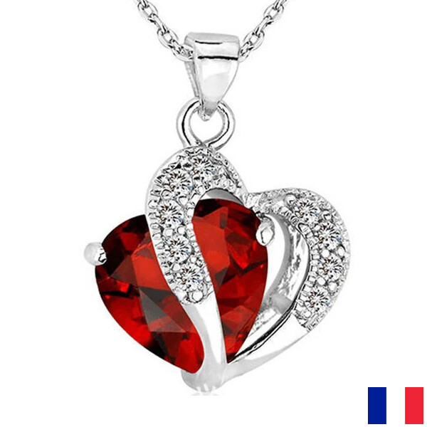 Pendentif Bijoux collier coeur cristal diamant rouge argenté femme Pendentif Bijoux collier coeur cristal diamant rouge argenté femme