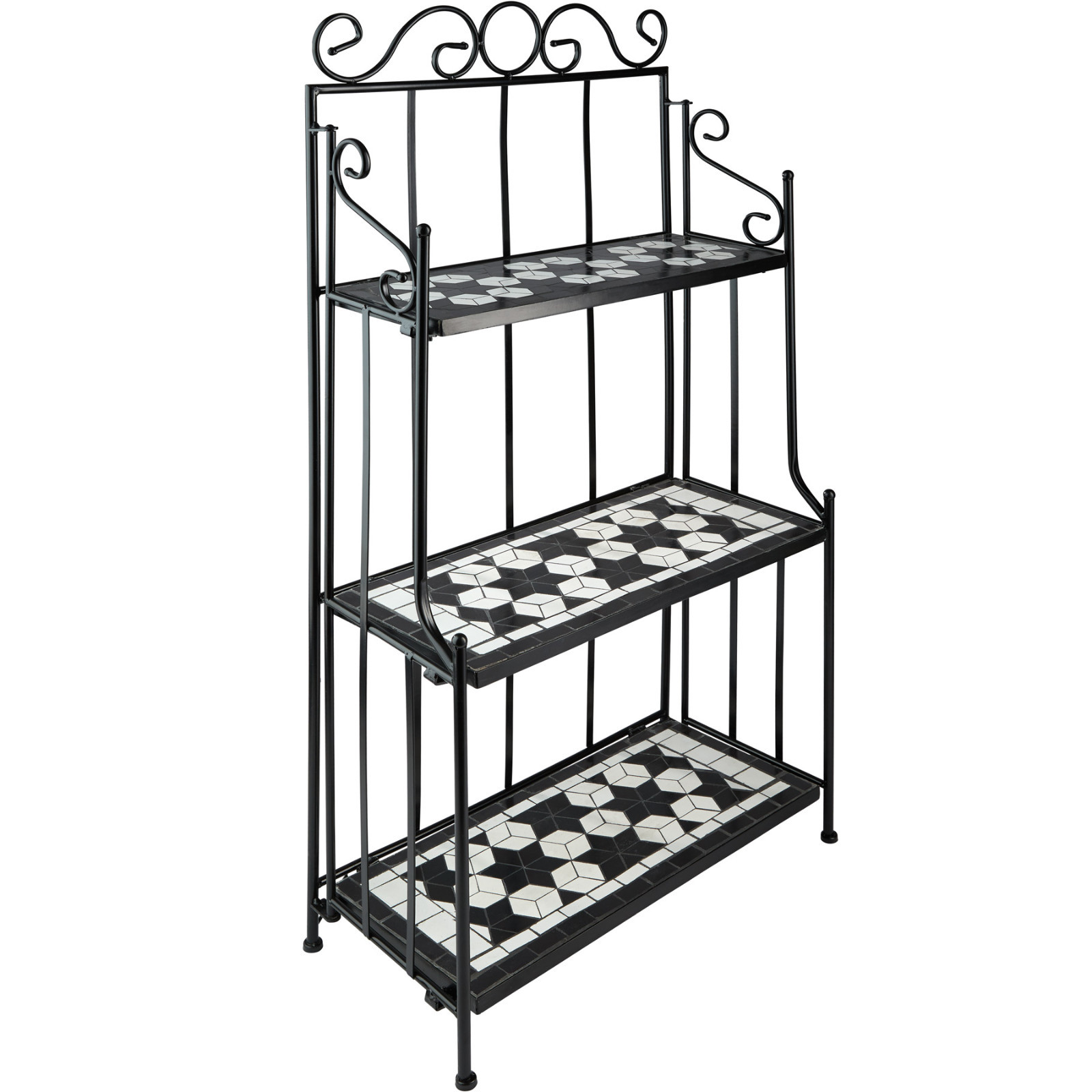 Étagère Métal Mosaïque Acier Support Fleurs Plantes Jardin 3 Niveaux Noir-Blanc