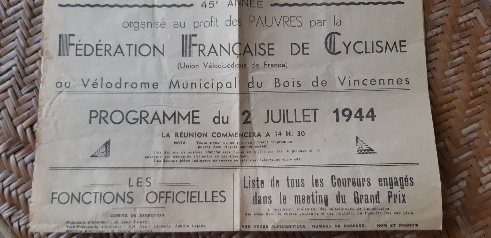 PROGRAMME CYCLISME GP PARIS 1944 PROGRAMME CYCLISME GP PARIS 1944