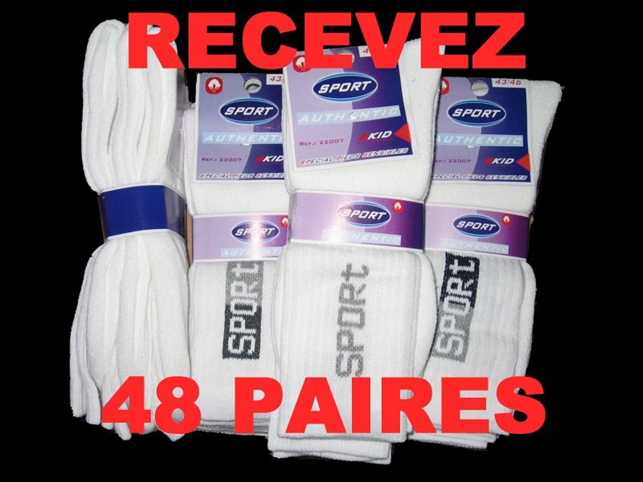 LOT DE 48 PAIRES DE CHAUSSETTES DE SPORT / TENNIS – COTON MAJORITAIRE