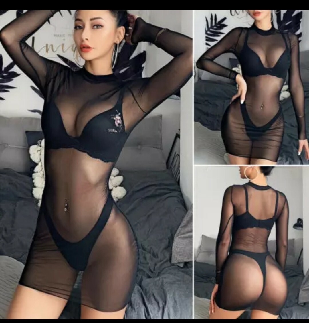 Ensemble de Lingerie Sexy en maille pour femmes, sous-vêtements, Cover-Up, robe