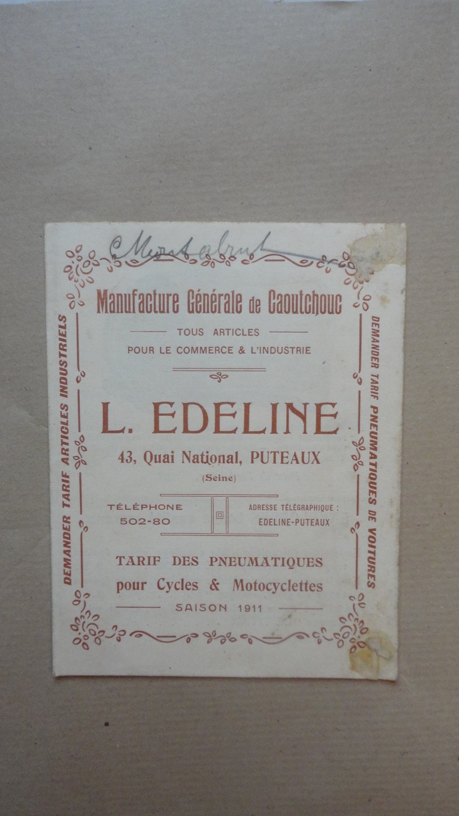 TARIF DES PNEUMATIQUES POUR CYCLES ET MOTOCYCLETTES 1911 CAOUTCHOUC EDELINE