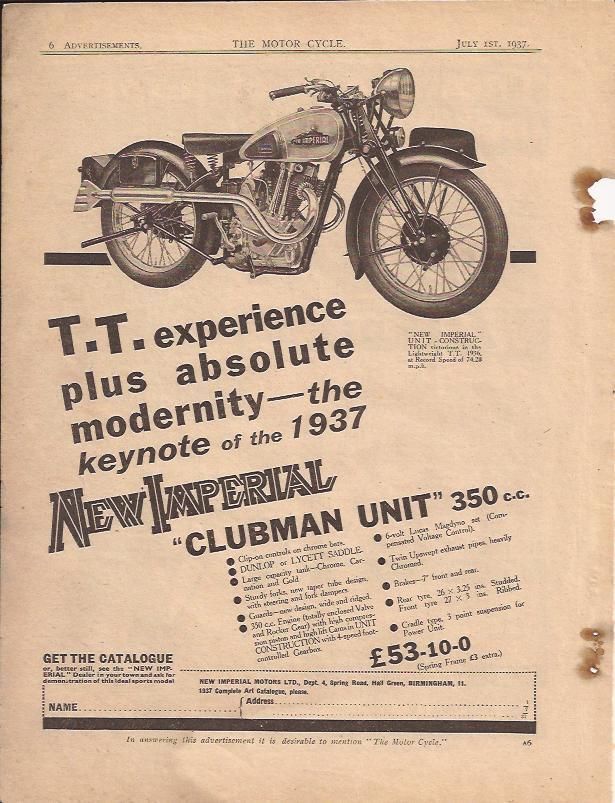 Publicité Motocyclettes New Imperial – July 1st, 1937 Publicité Motocyclettes New Imperial – July 1st, 1937