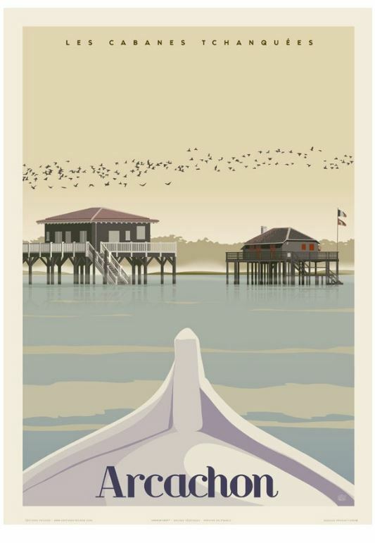 Affiches PUB Retro 50X70cm Bassin D’ARCACHON Les CABANES TCHANQUEES Hiver