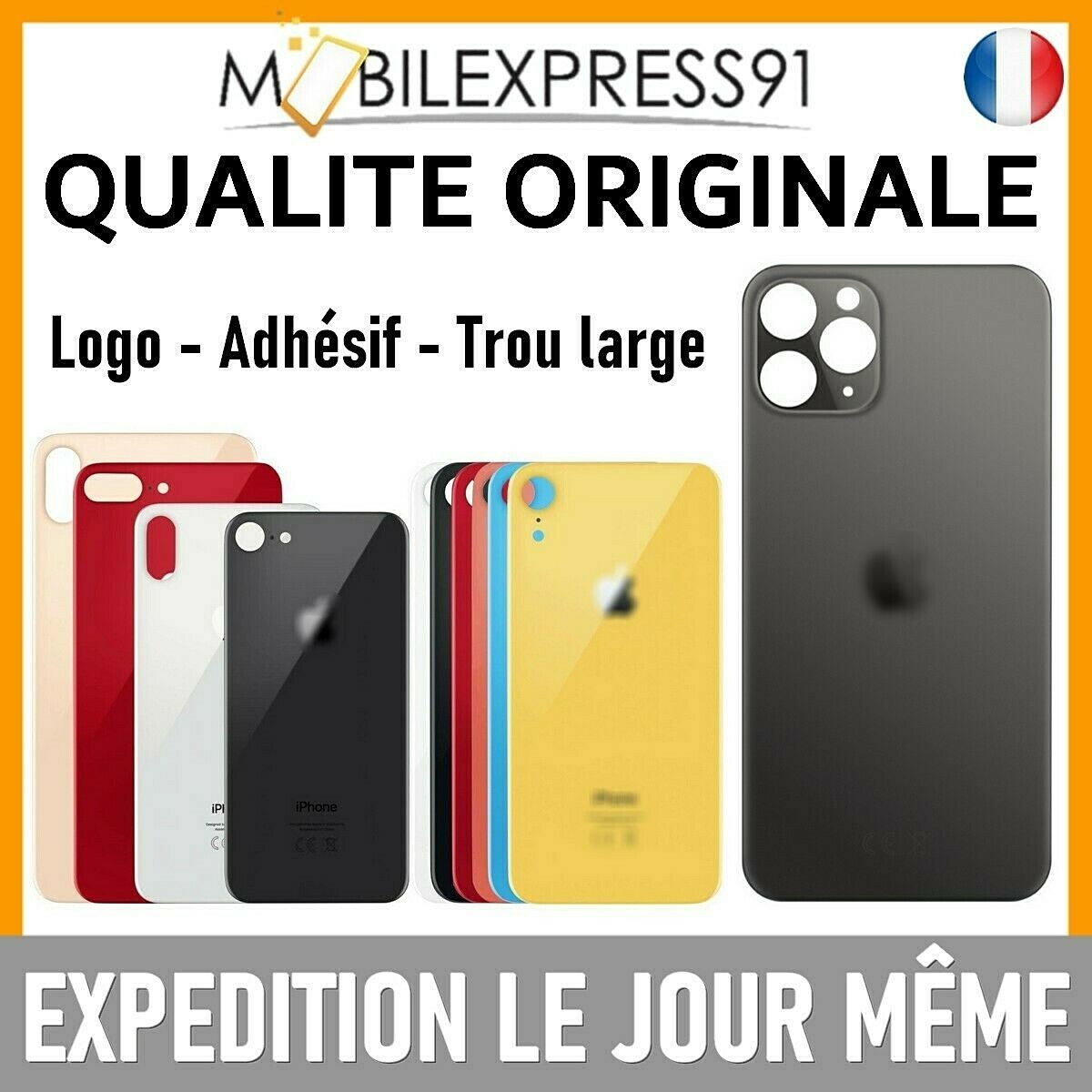VITRE ARRIERE IPHONE 8|PLUS|X|XR|XS|MAX|11|12|PRO|MINI|+SE FAÇADE ADHESIF + LOGO