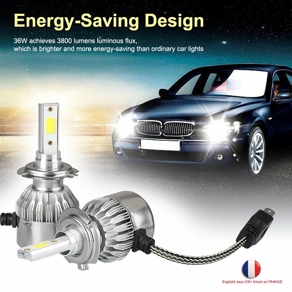 2pcs H7 Ampoule LED 220W 24000LM 6000K Phare de Voiture Feux Xénon Blanc