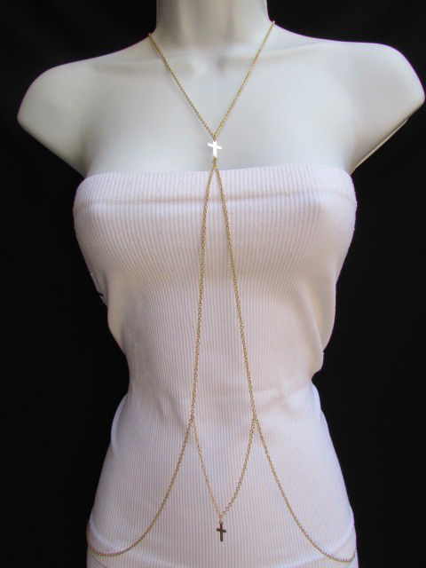 Femme Or Classique Mode Métal Double Croix Corps Chaîne Bijoux Long Collier