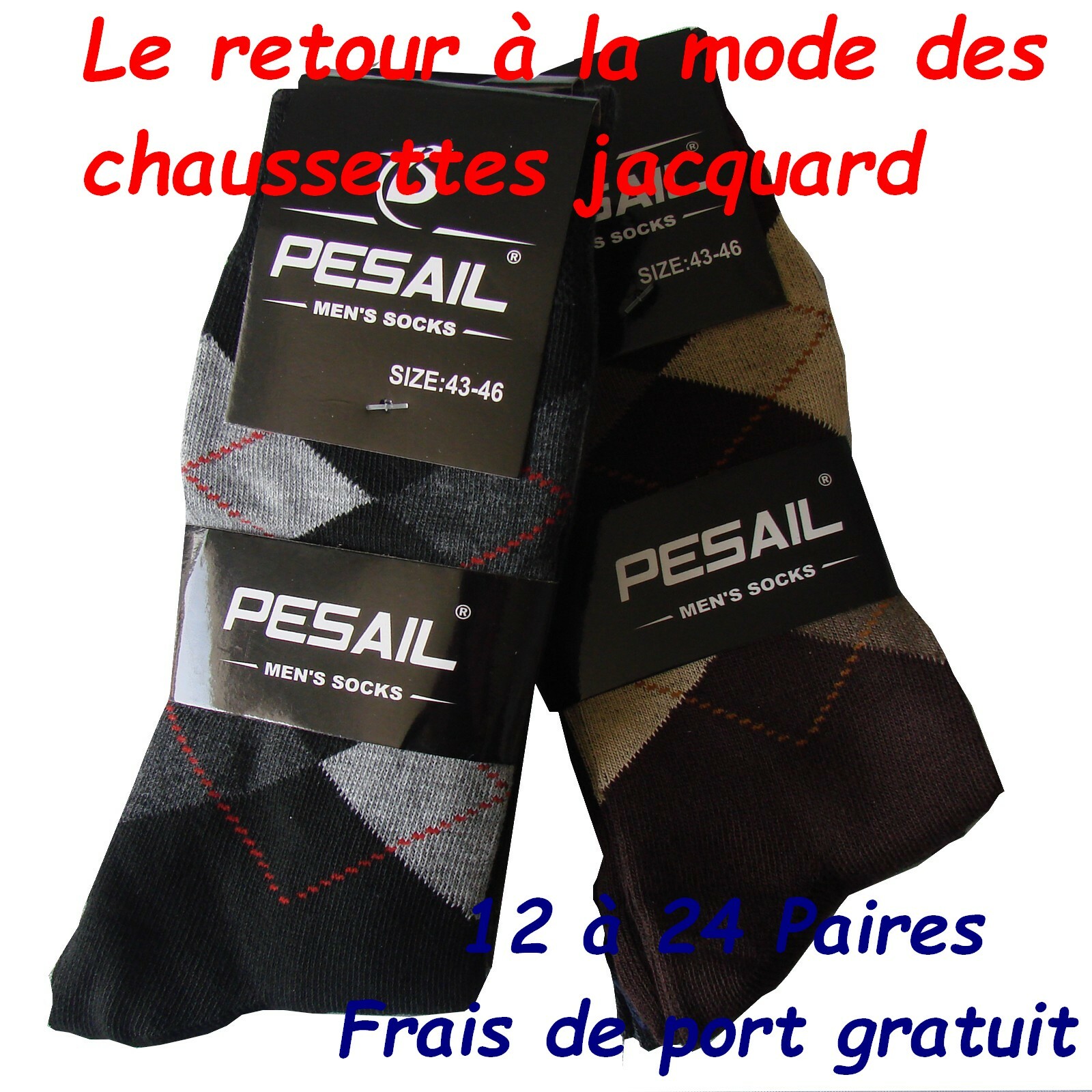 LOT 12 à 24 Paire chaussette homme Jacquard chaussettes en coton 39 42 ou 43 46