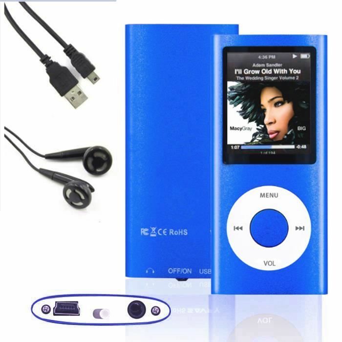 Baladeur – lecteur mp3 mp4 16 Go – bleu – avec radio fm jeux vidéo ebook