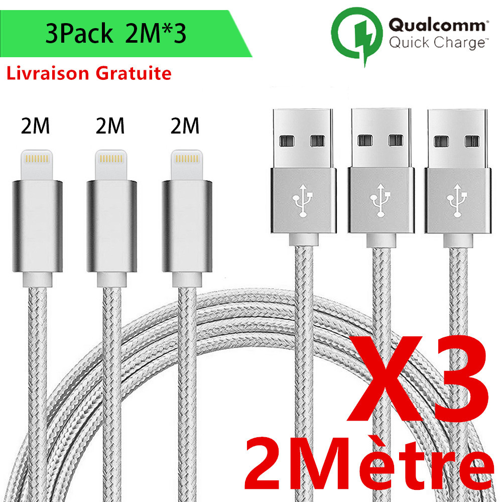 LOT3 CABLE USB CHARGEUR POUR IPHONE X 8 7 6S 6 PLUS 5 SE XR XS MAX Rapide 2Mètre
