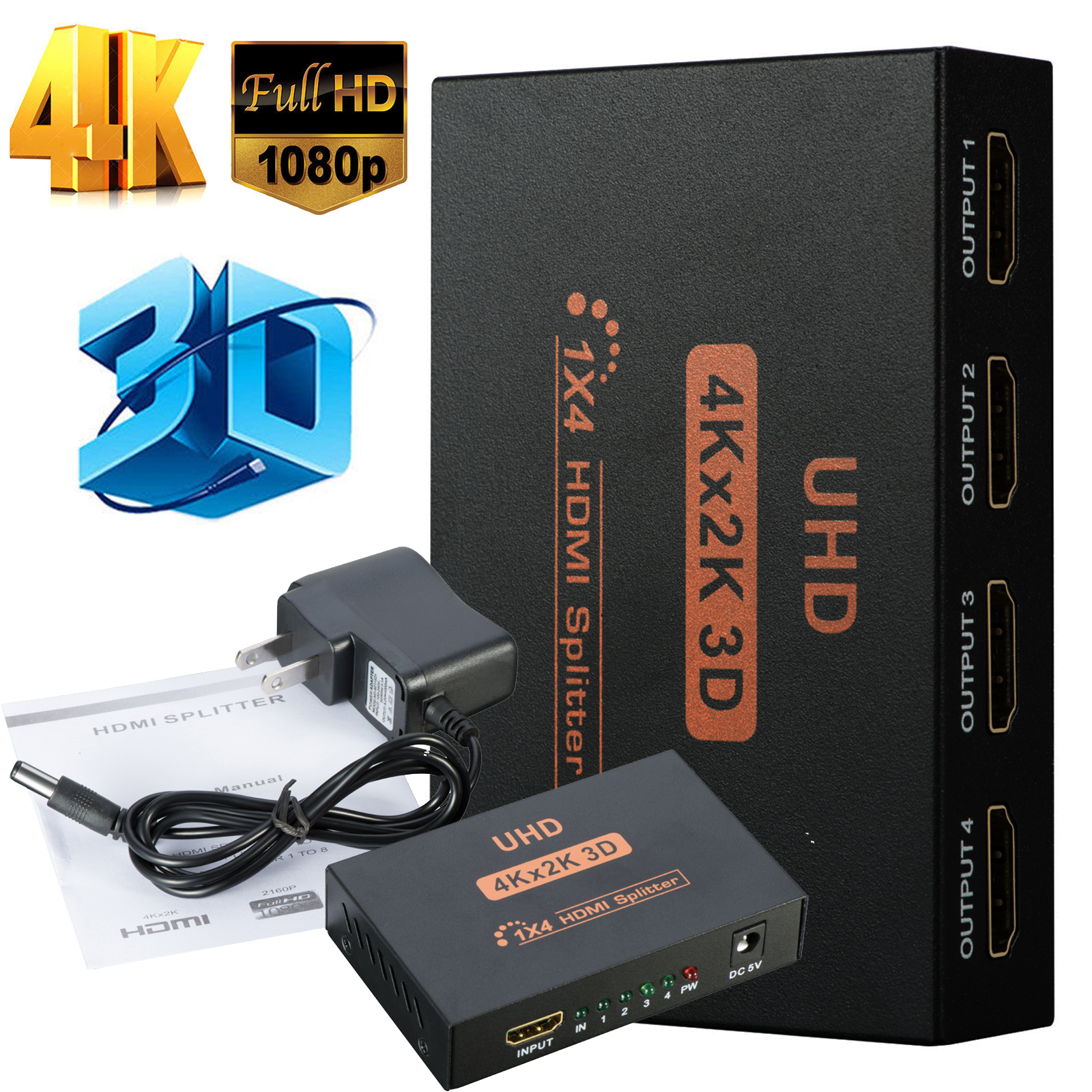 Ultra HD 4K 4 Port HDMI Splitter 1×4 Repeater Amplifier 1080P 3D Hub 1 In 4 Out Ultra HD 4K 4 Port HDMI Splitter 1×4 Repeater Amplifier 1080P 3D Hub 1 In 4 Out