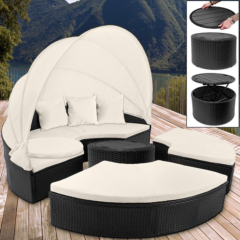 Bain de soleil rond noir polyrotin Ø185cm avec Table télescopique et coussins Bain de soleil rond noir polyrotin Ø185cm avec Table télescopique et coussins