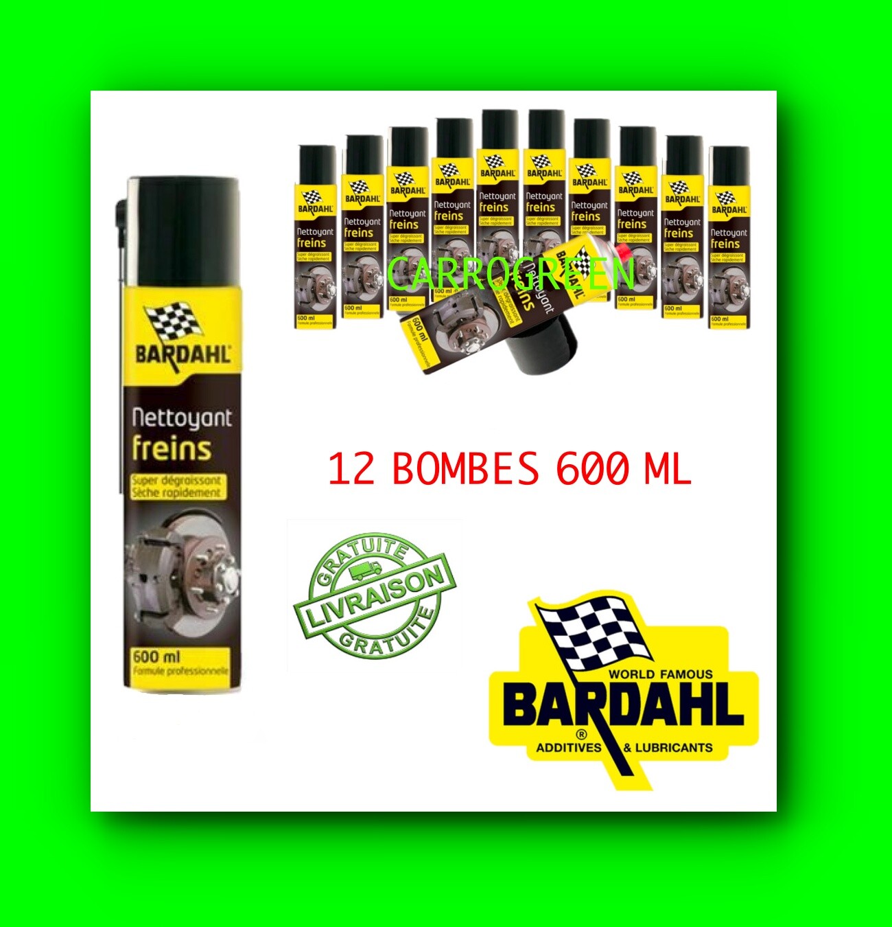 Bardahl Lot de 12 Bombes 600 ML Nettoyant Degraissant Frein Auto Moto.
