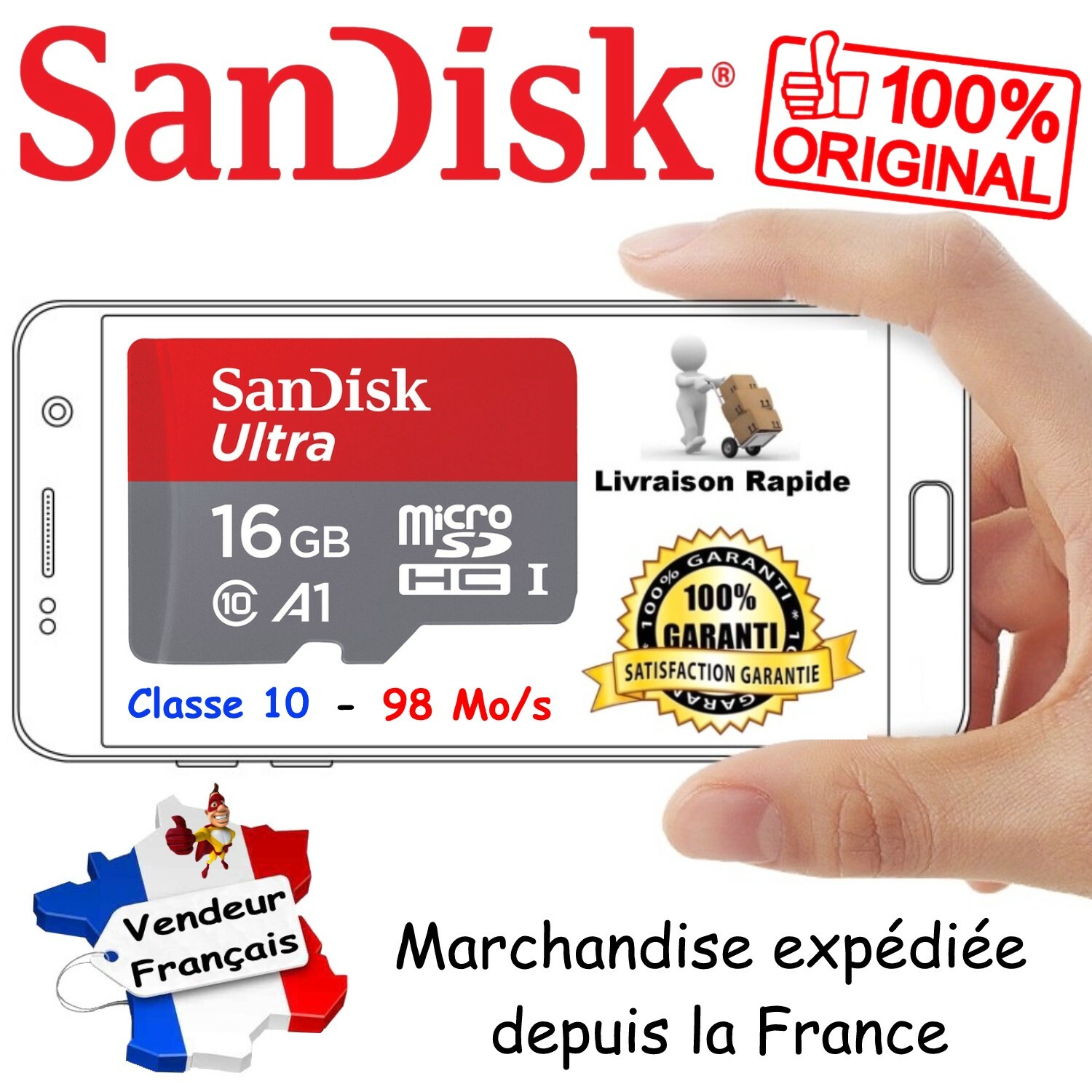 SANDISK Carte Mémoire Micro SD SDHC 16 Go ULTRA 98 Mo/s UHS-I A1 U1 Classe 10 SANDISK Carte Mémoire Micro SD SDHC 16 Go ULTRA 98 Mo/s UHS-I A1 U1 Classe 10