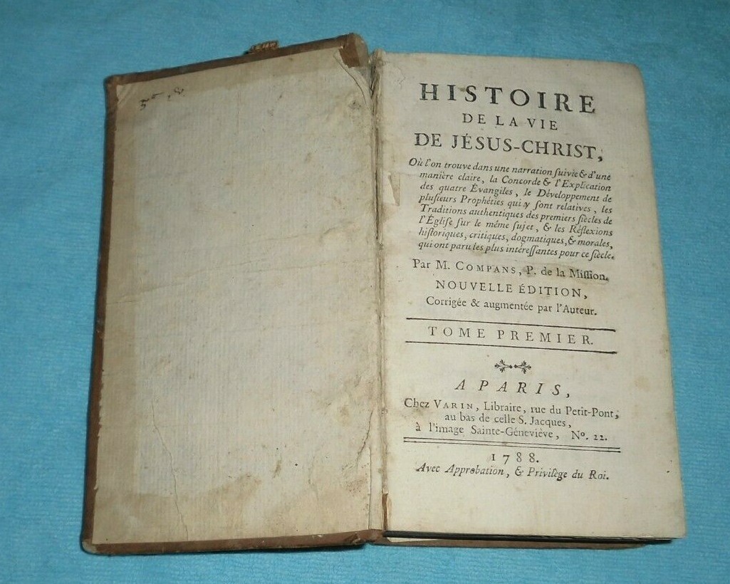 livre ancien année 1788 histoire de la vie de JESUS-CHRIST VARIN à PARIS