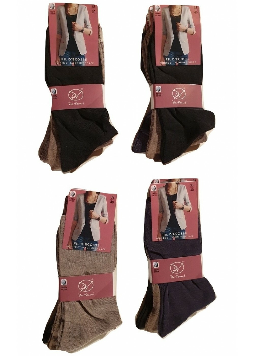 LOT 6 PAIRES CHAUSSETTES FEMME FIL D’ÉCOSSE 100% COTON MULTICOLORE