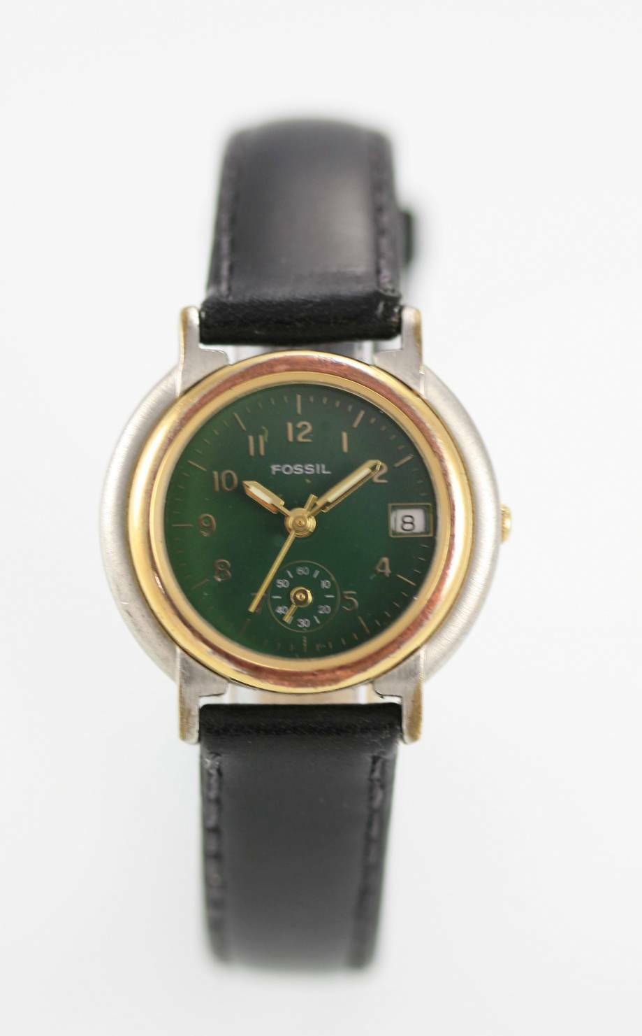 Fossil Montre Femme Cuir Noir Inoxydable Argent Or Eau Résistant Vert Quartz