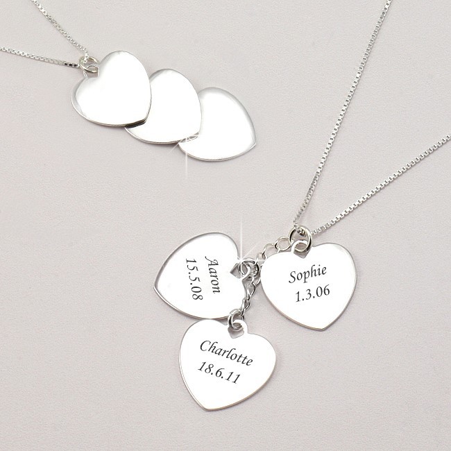 Argent Sterling Trois Coeurs Collier, Tout Gravure, Personnalisé Bijoux