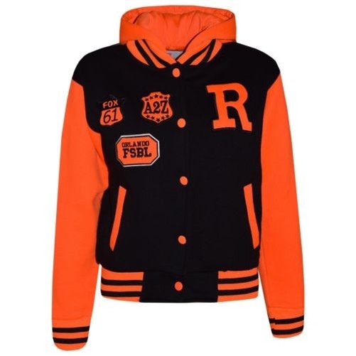 Enfants Filles Garçon R Mode Baseball Noir Orange Fluo Veste Capuche Varsity Enfants Filles Garçon R Mode Baseball Noir Orange Fluo Veste Capuche Varsity