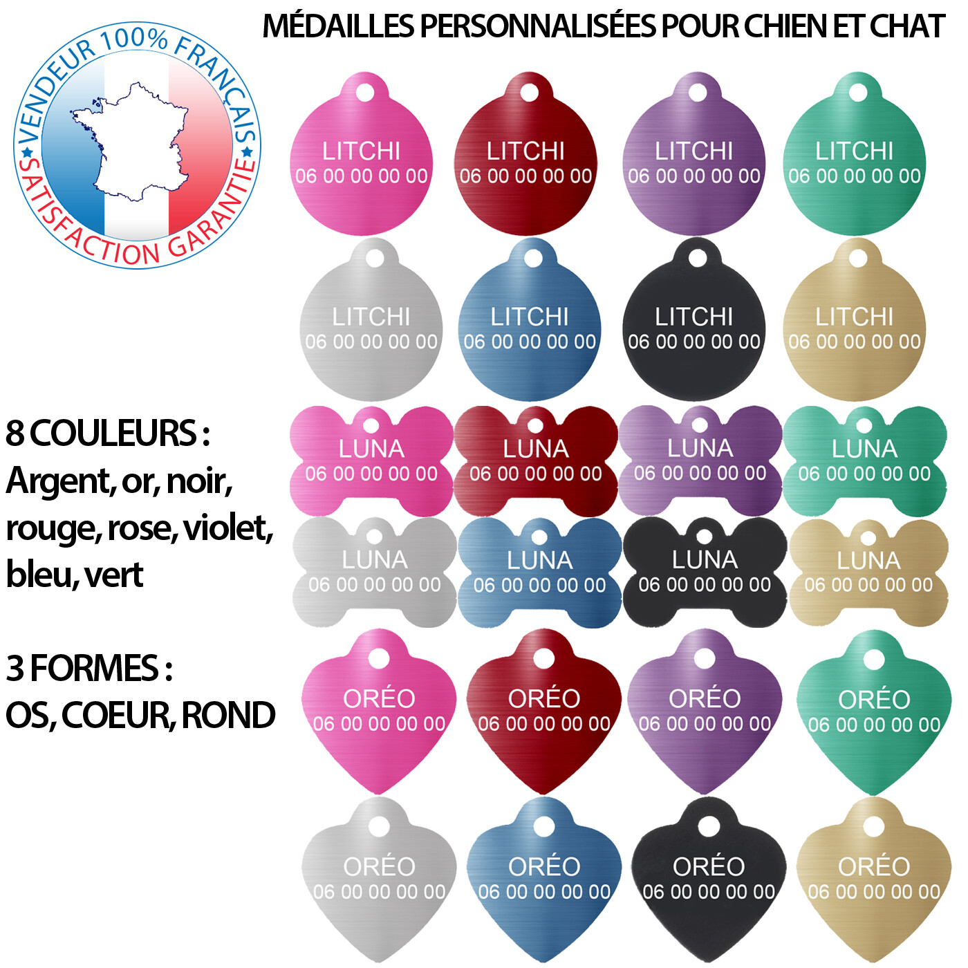 Médaille pour chien et chat personnalisée gravée 2 lignes | 8 couleurs 3 formes Médaille pour chien et chat personnalisée gravée 2 lignes | 8 couleurs 3 formes