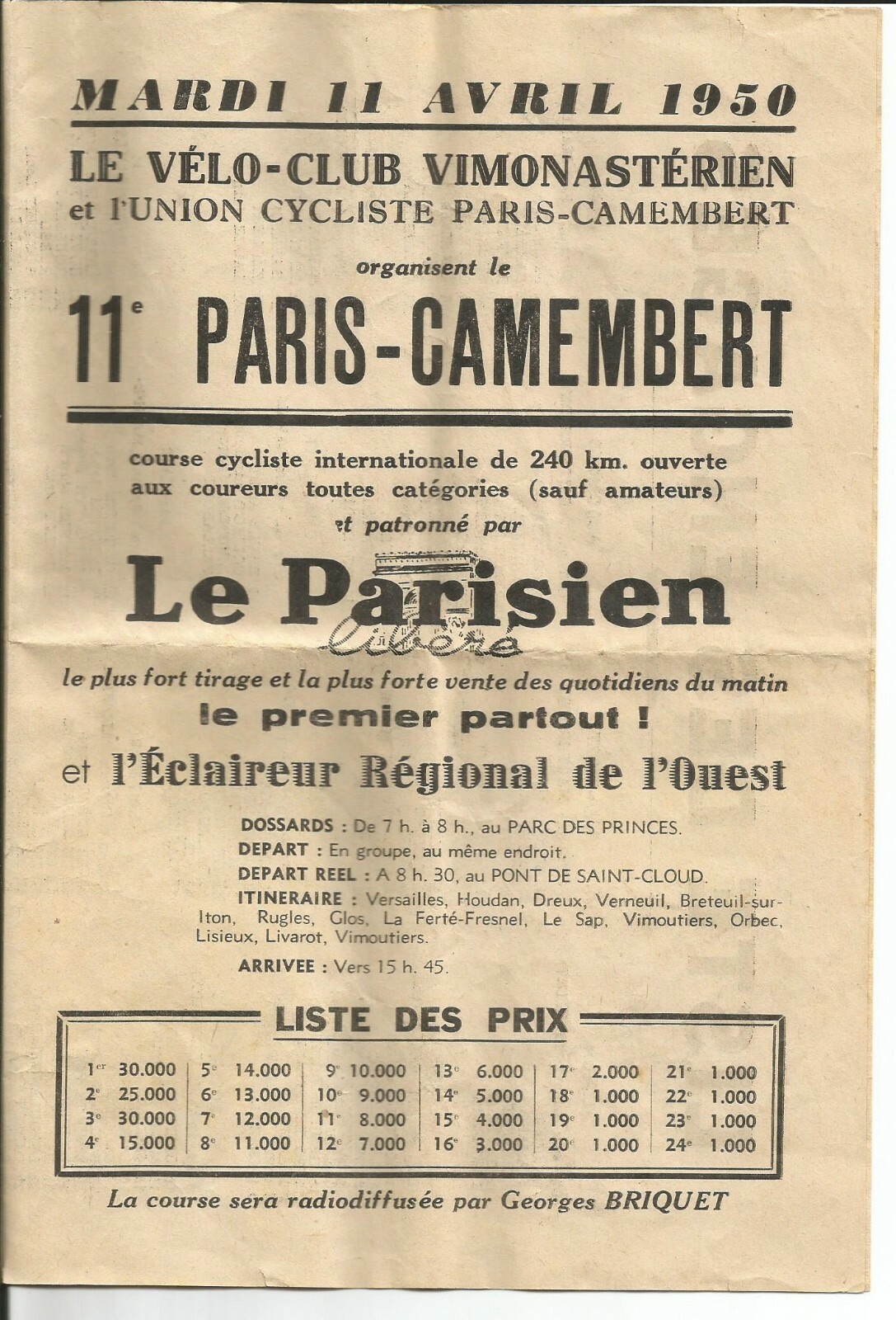 CYCLISME PROGRAMME PARIS CAMEMBERT 1950 CYCLISME PROGRAMME PARIS CAMEMBERT 1950