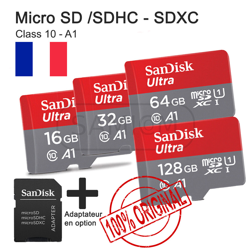 Carte mémoire Micro SD SDHC SANDISK class 10, 16go/ 32go/ 64go/ 128go